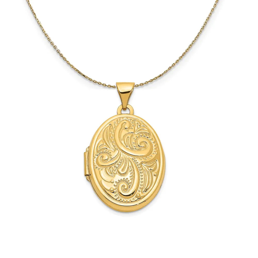 14k Yellow Gold 21mm Domed Scroll Oval Locket Necklace