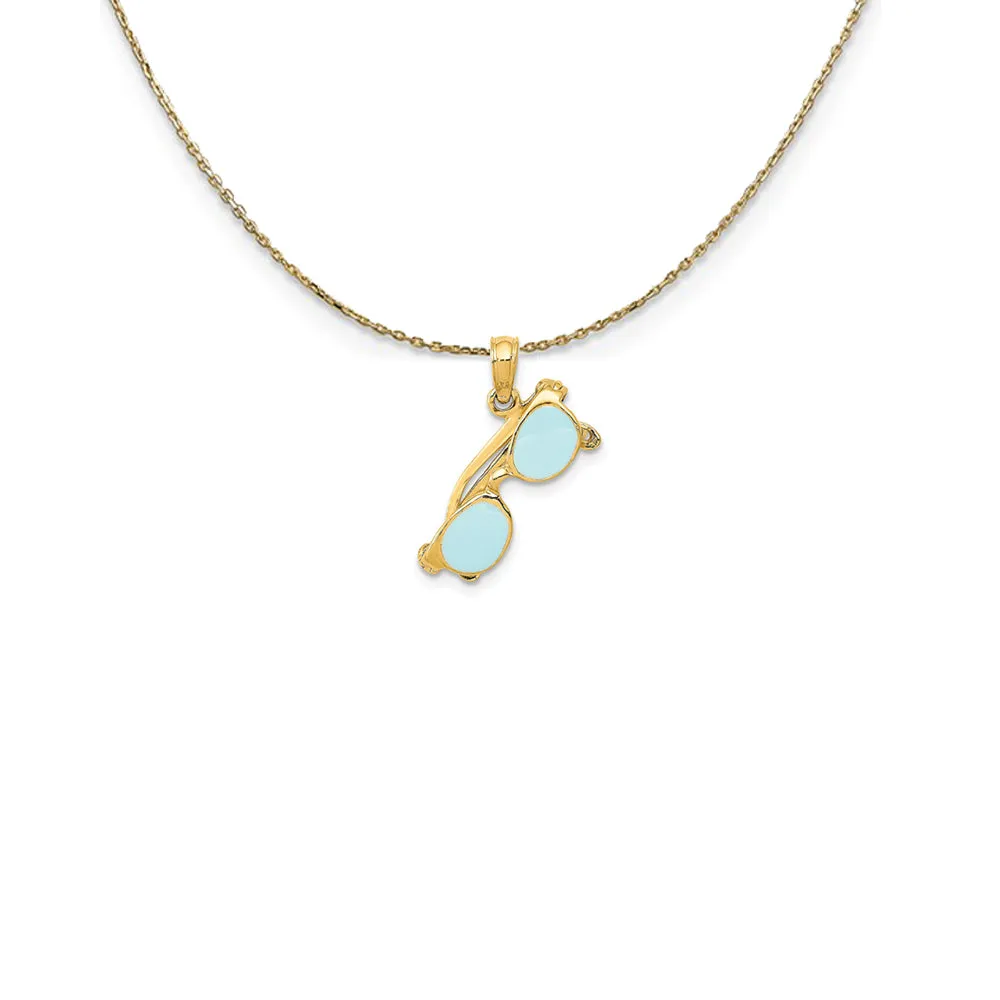 14k Yellow Gold 3D Aqua Enameled Moveable Sunglasses Necklace