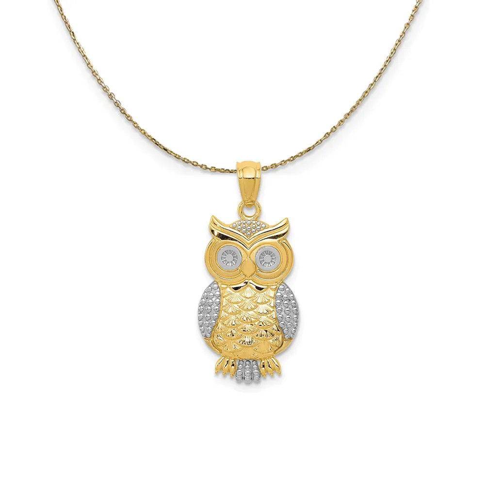 14k Yellow Gold and Rhodium Owl Necklace