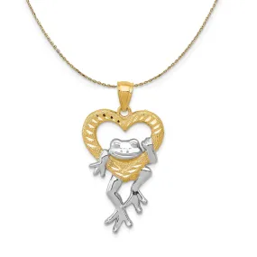 14k Yellow Gold and Rhodium Two Tone Frog and Heart Necklace