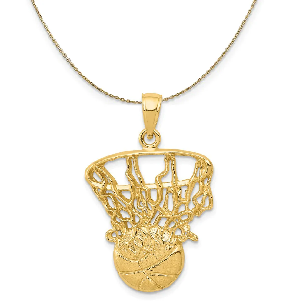 14k Yellow Gold Large Swoosh Basketball Through Net Necklace