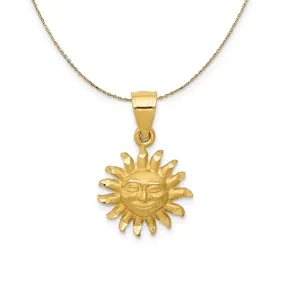 14k Yellow Gold Satin & Diamond Cut Smiling 2D Sun Necklace