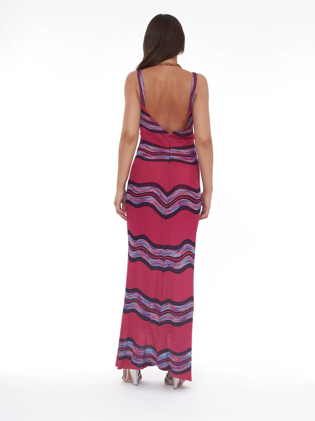 1990s long fuchsia jersey dress with striped pattern