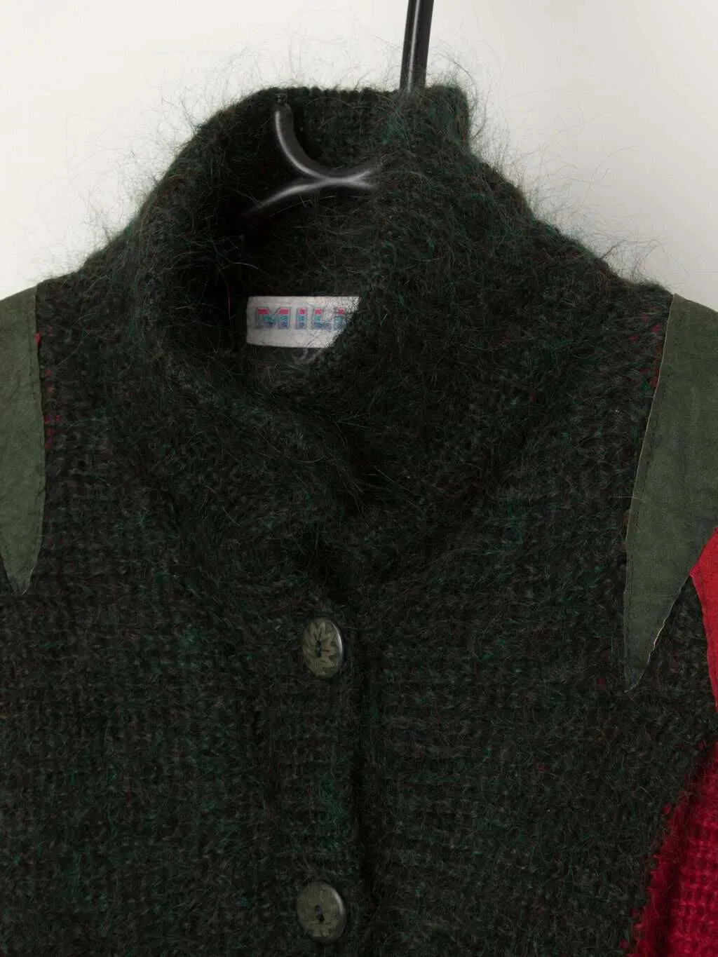 80s vintage handknitted forest green and red fluffy mohair cardigan – XL