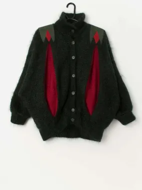 80s vintage handknitted forest green and red fluffy mohair cardigan – XL