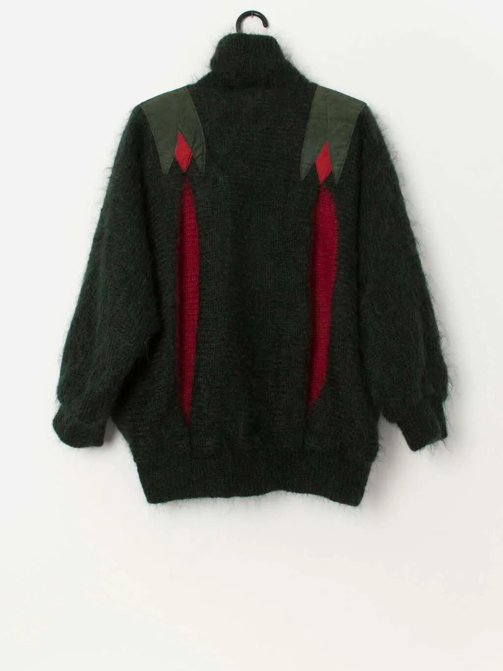 80s vintage handknitted forest green and red fluffy mohair cardigan – XL