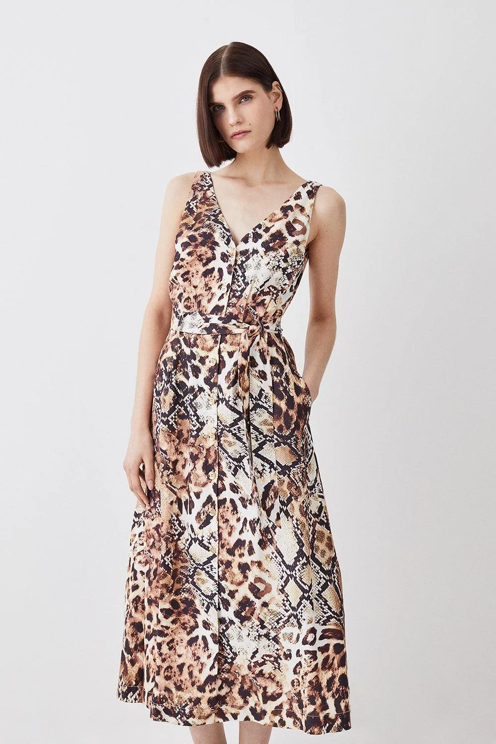 Animal Print Belted Premium Linen Woven Midi Dress | Karen Millen