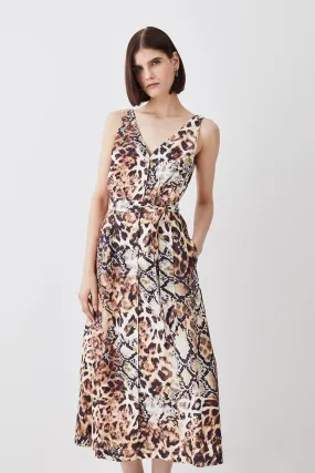 Animal Print Belted Premium Linen Woven Midi Dress | Karen Millen