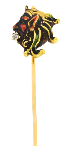 Art Nouveau Diamond Enamel 14 Karat Yellow Gold Pan Stickpin