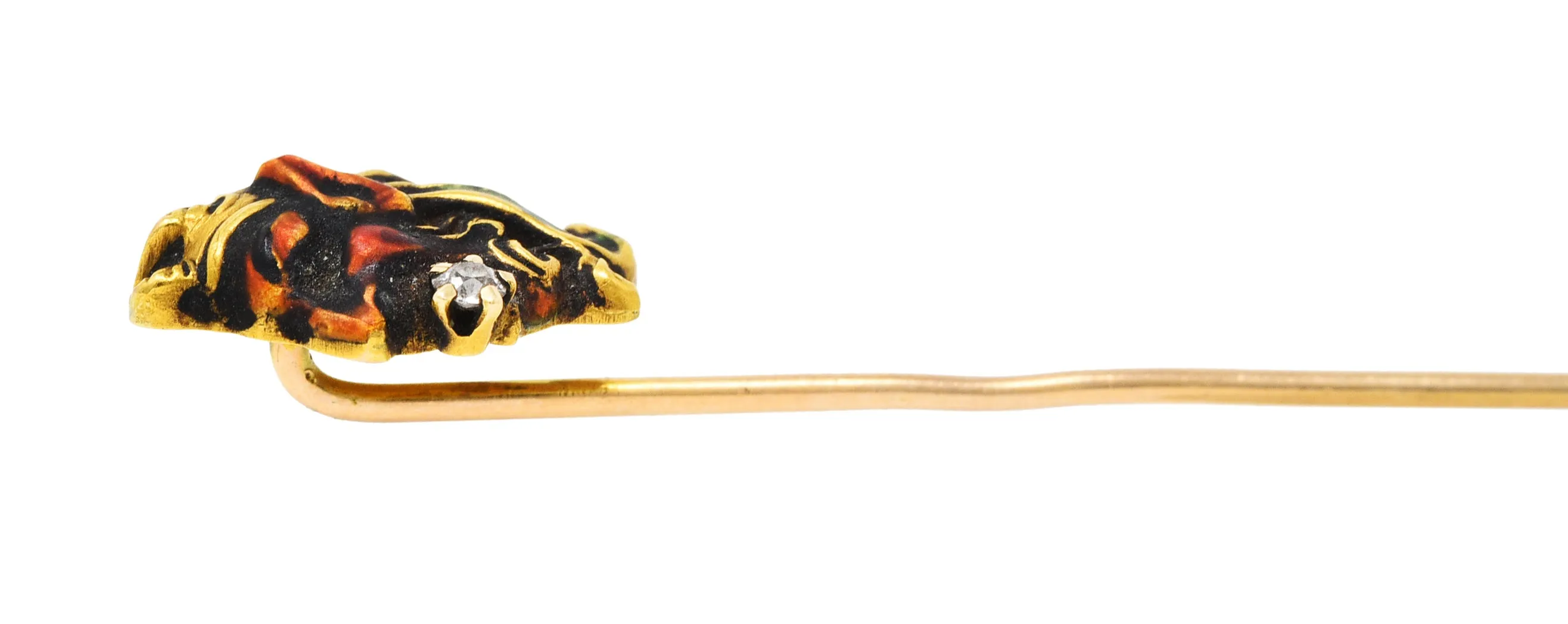 Art Nouveau Diamond Enamel 14 Karat Yellow Gold Pan Stickpin