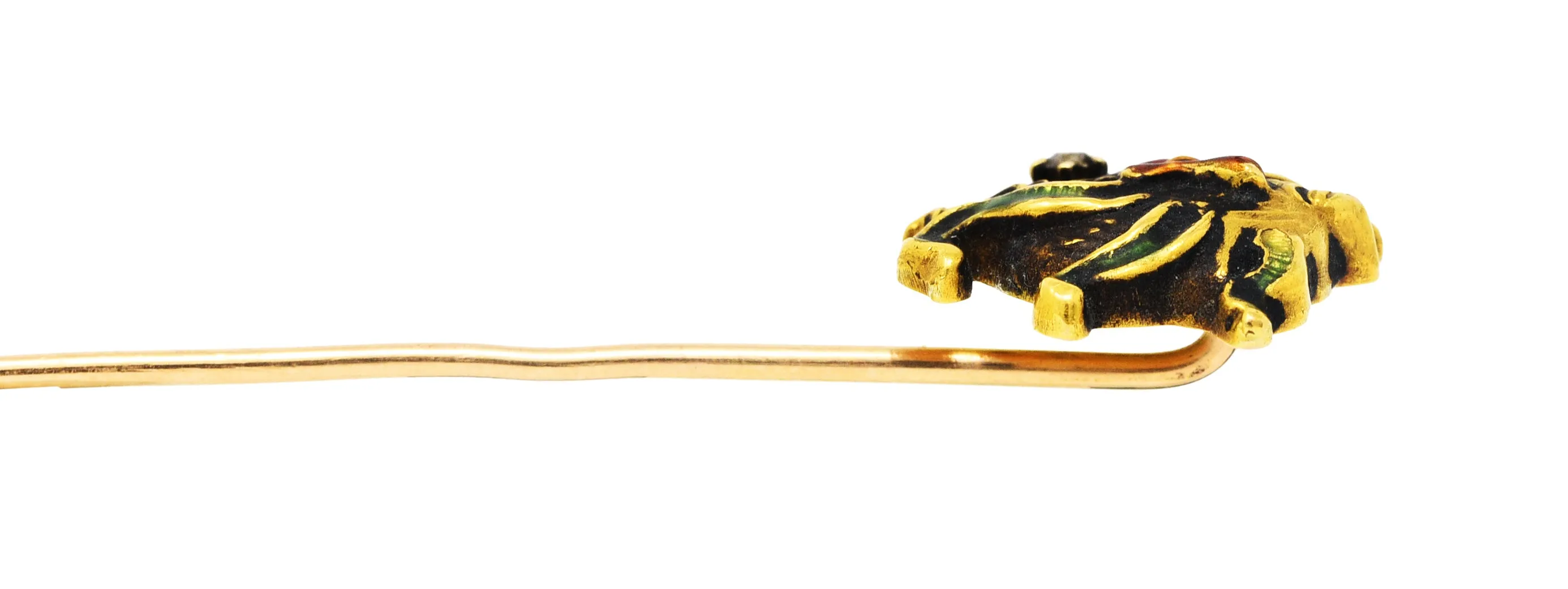 Art Nouveau Diamond Enamel 14 Karat Yellow Gold Pan Stickpin