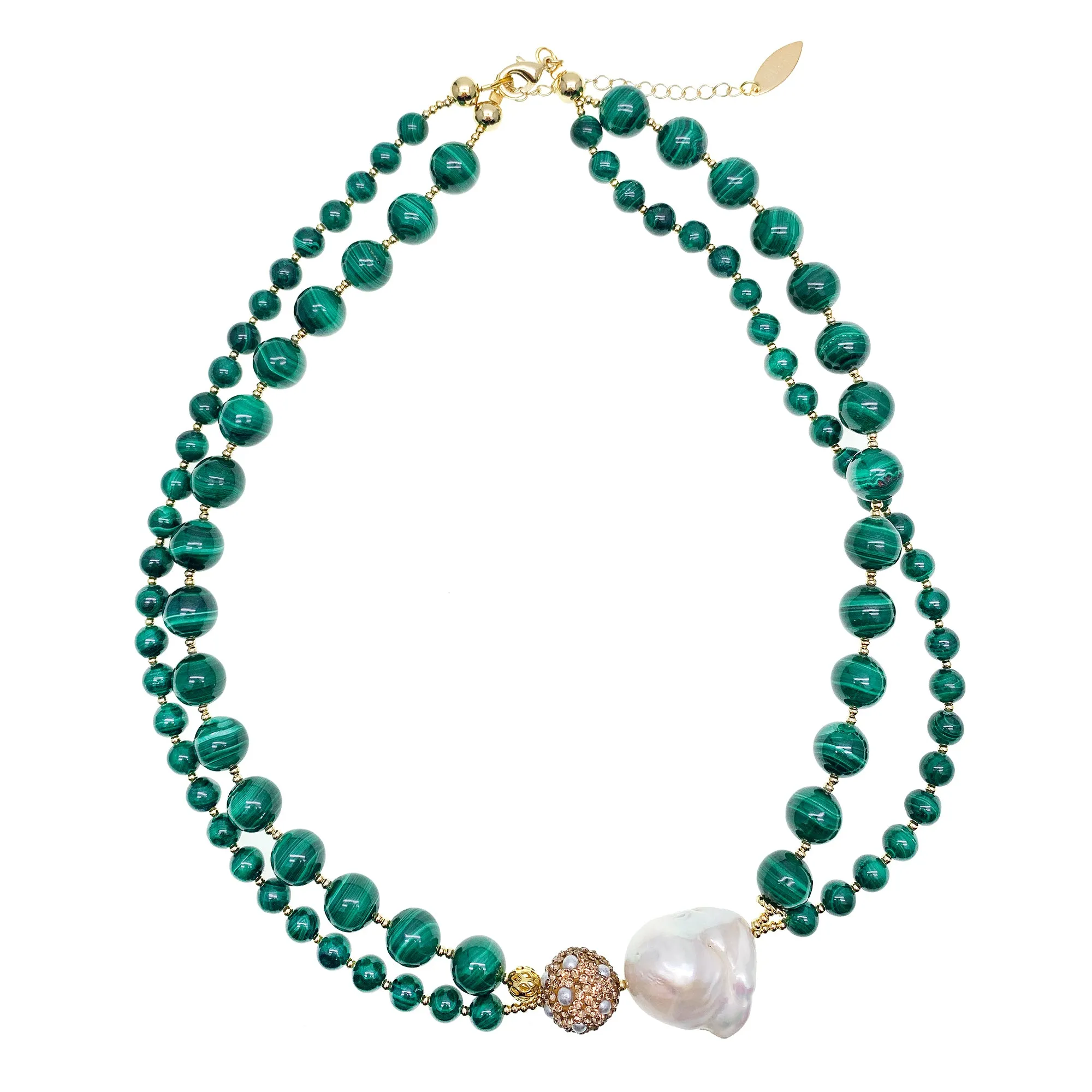 Baroque Pearl With Malachite Double Strands Statement Necklace GN015