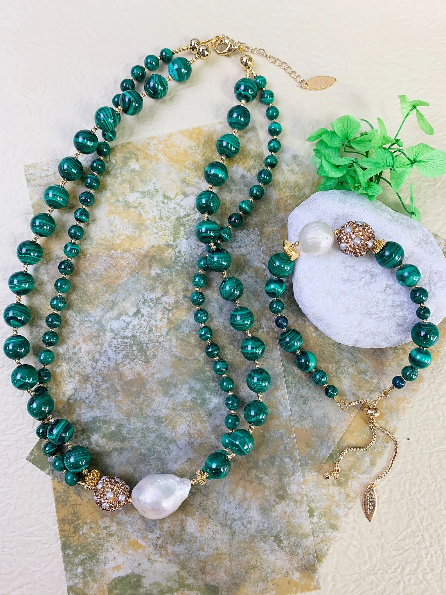 Baroque Pearl With Malachite Double Strands Statement Necklace GN015