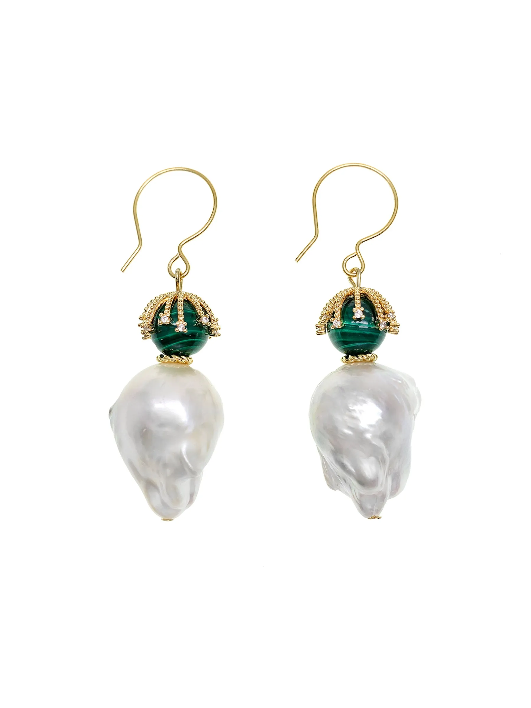 Baroque Pearl With Malachite Hook Earrings GE011