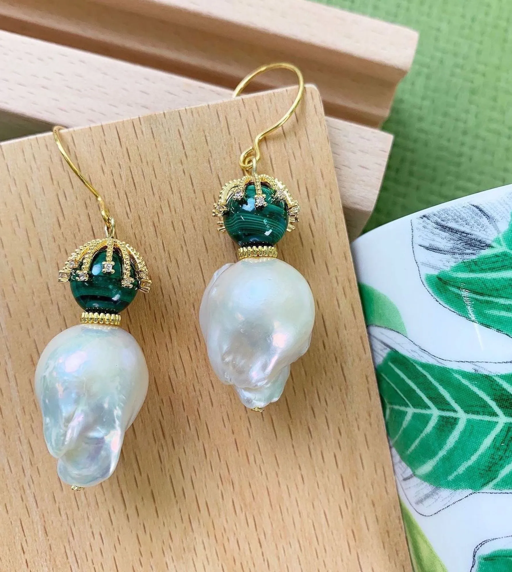 Baroque Pearl With Malachite Hook Earrings GE011