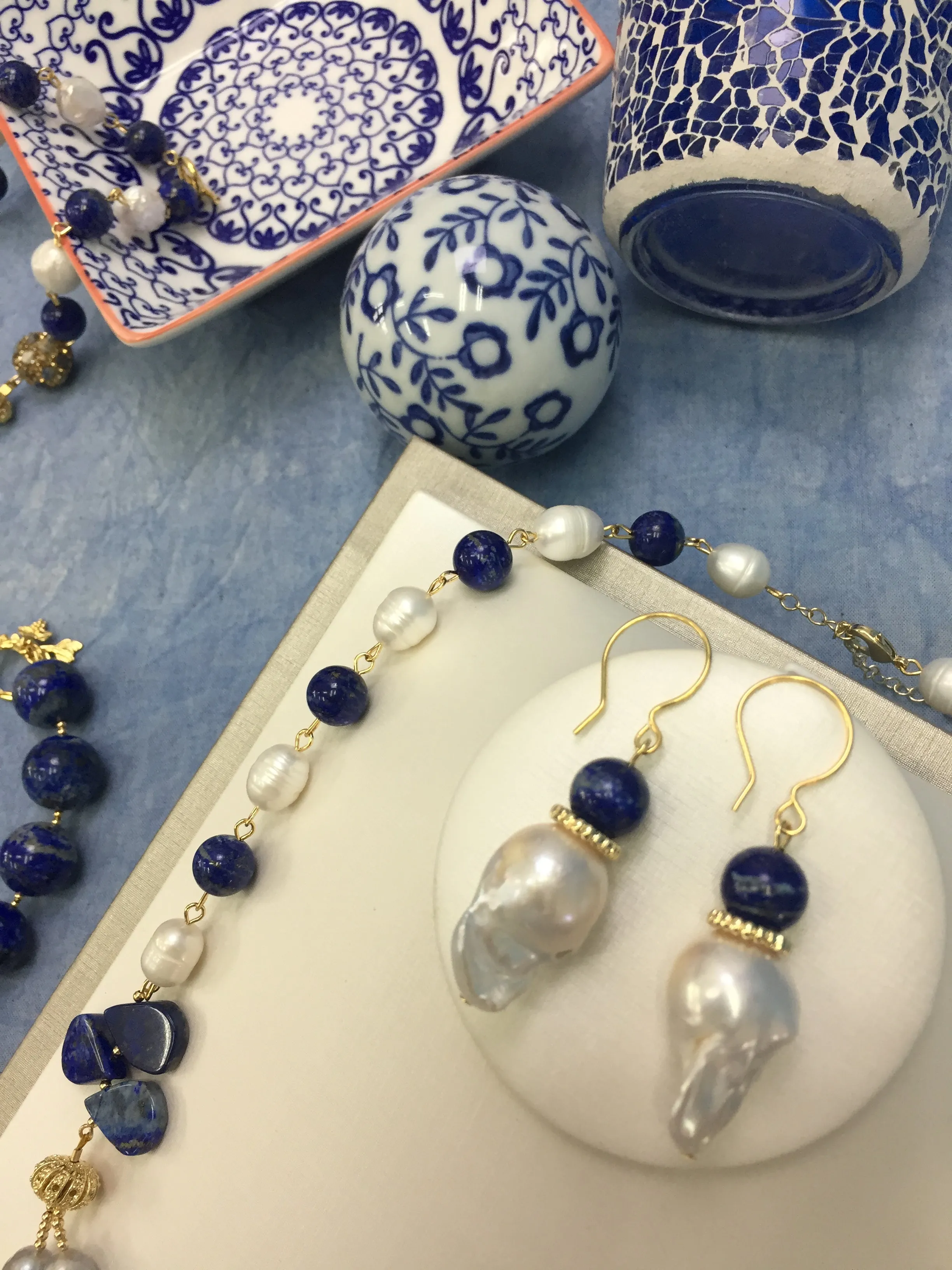 Baroque Pearls With Lapis Hook Earrings CE005