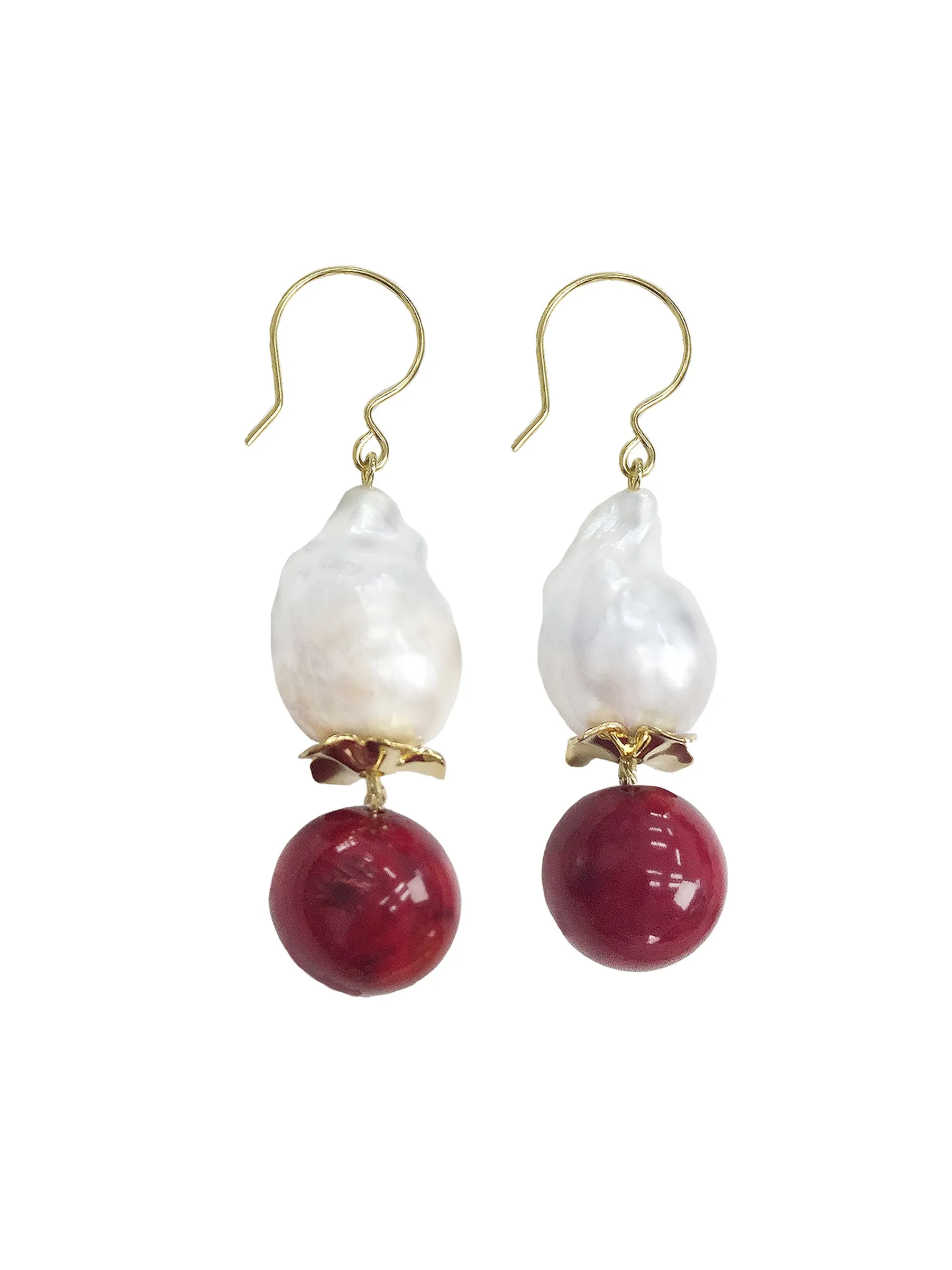 Baroque Pearls With Red Coral Dangle Earrings CE007