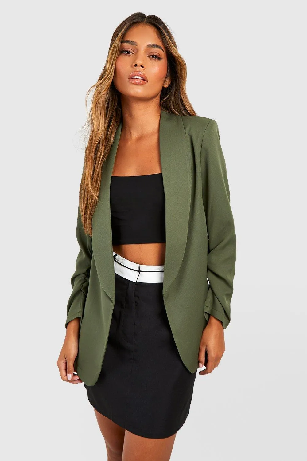 Basic Woven Ruched Sleeve Curve Lapel Blazer