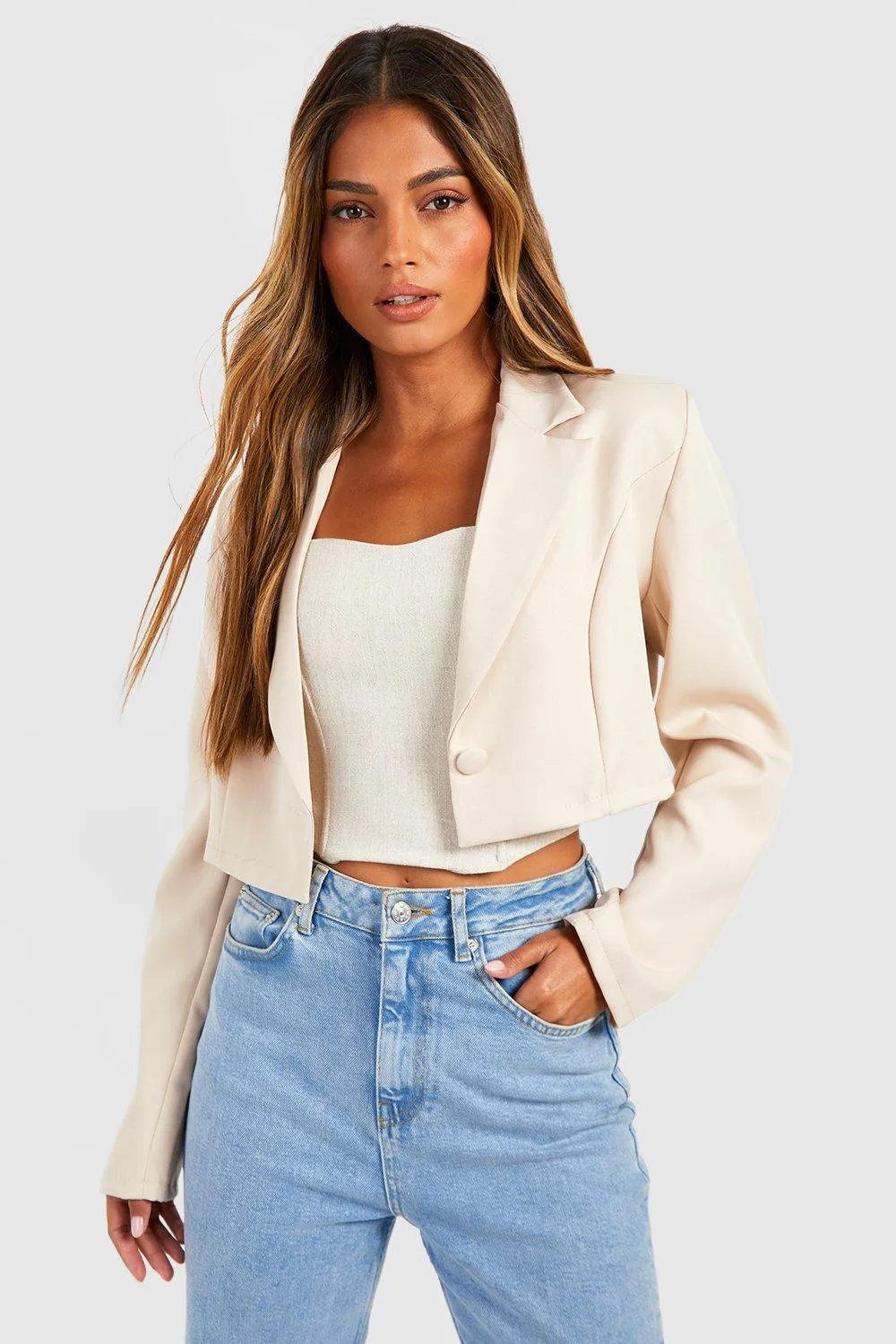 Basic Woven Single Button Crop Blazer