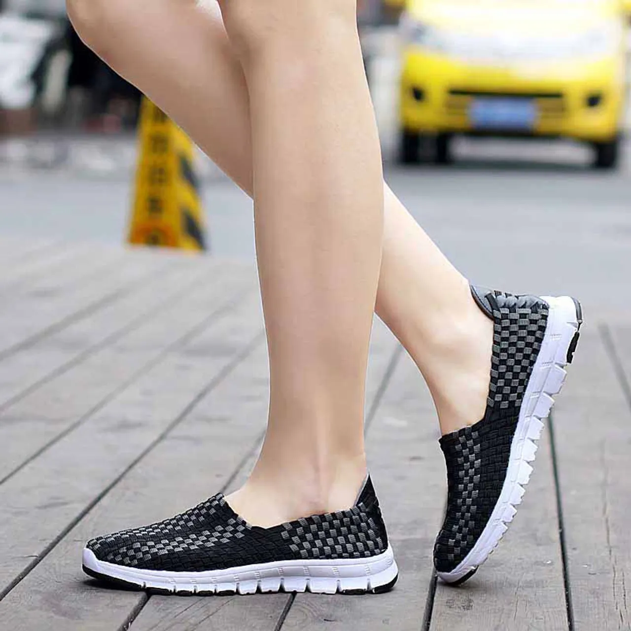 Black check weave casual slip on shoe sneaker