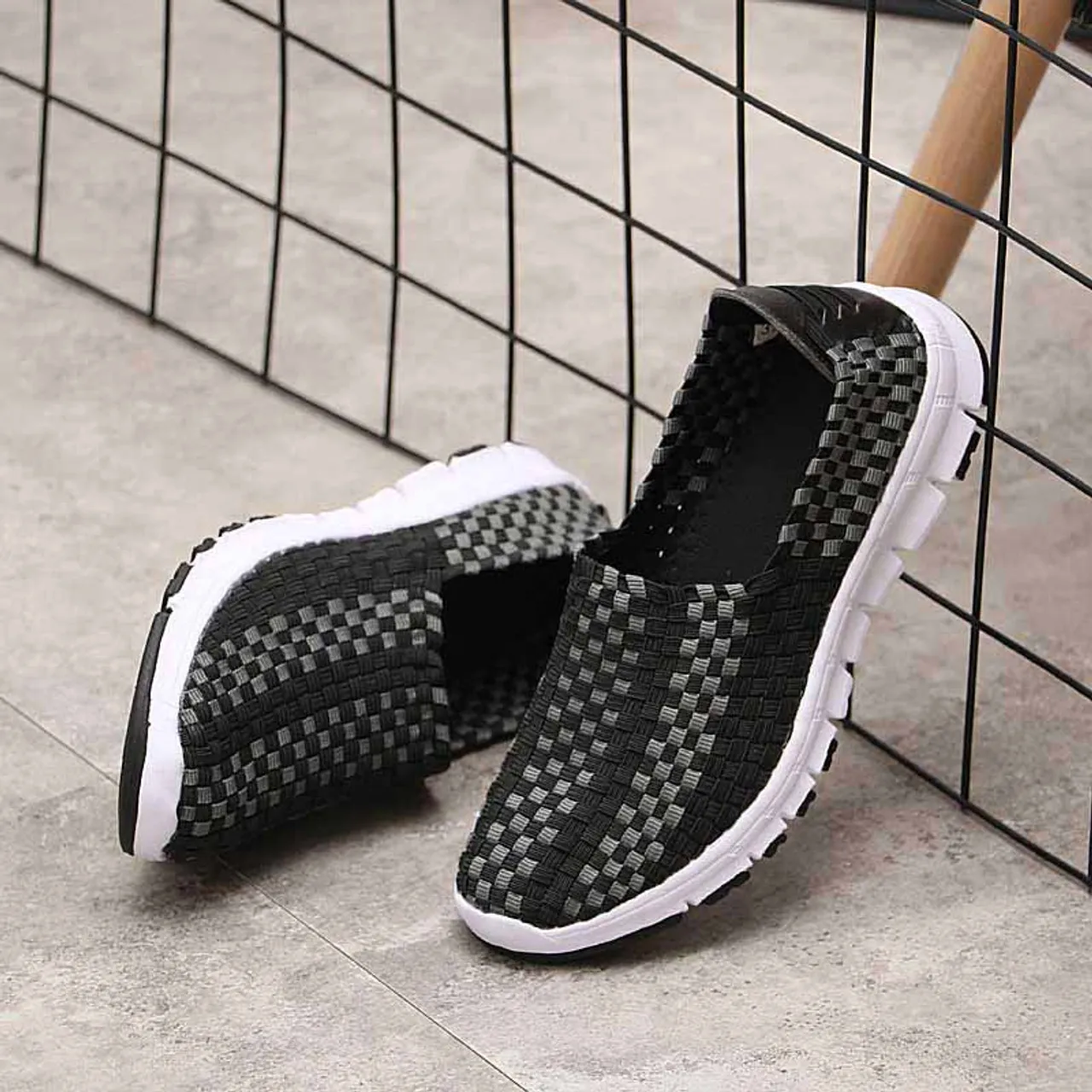 Black check weave casual slip on shoe sneaker