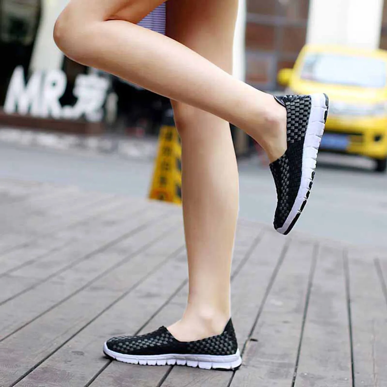 Black check weave casual slip on shoe sneaker