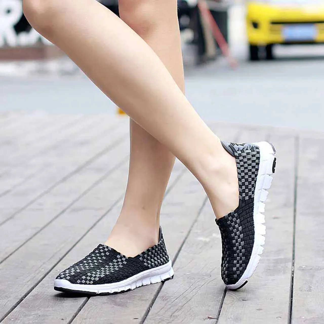 Black check weave casual slip on shoe sneaker