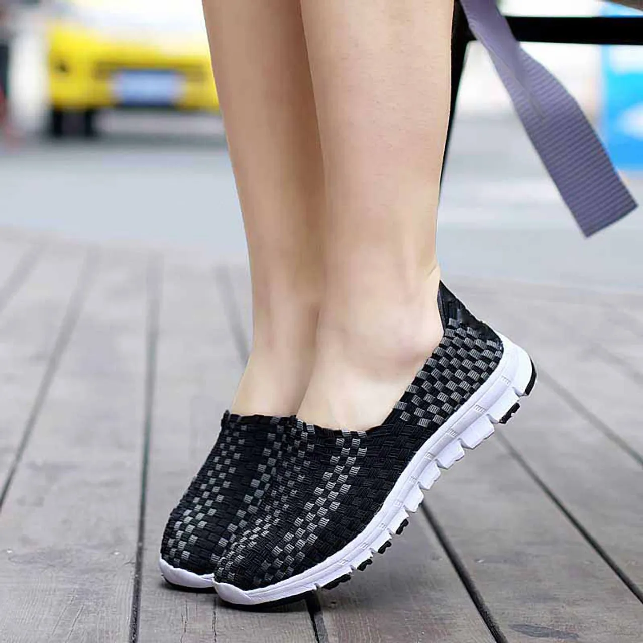 Black check weave casual slip on shoe sneaker