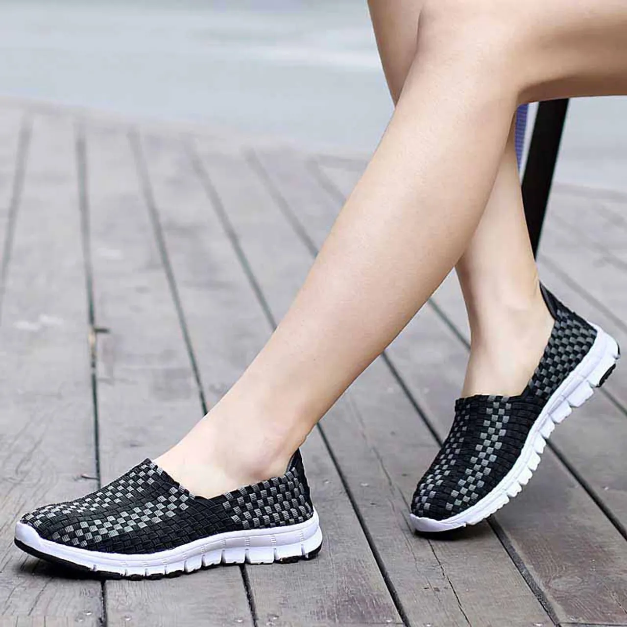 Black check weave casual slip on shoe sneaker