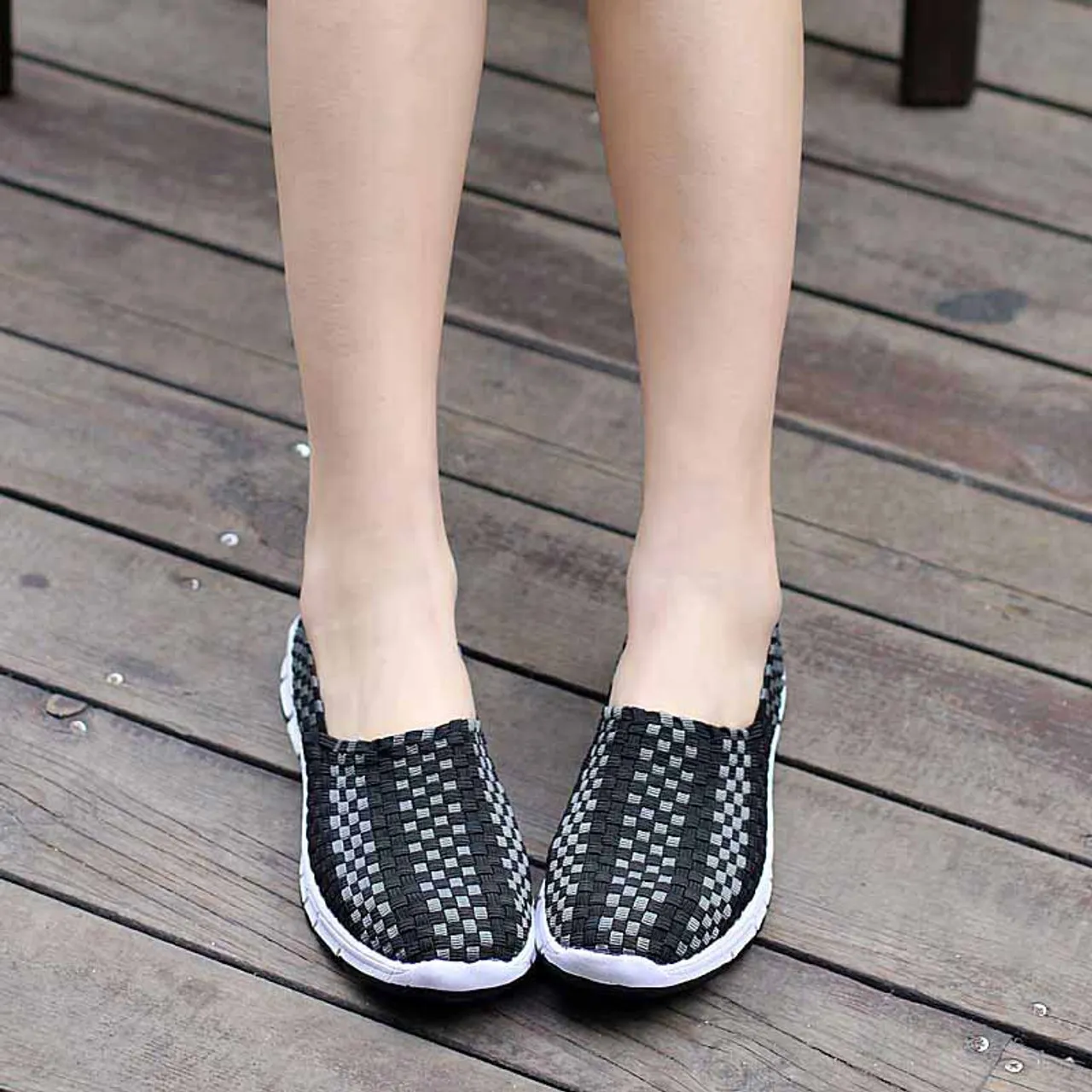 Black check weave casual slip on shoe sneaker