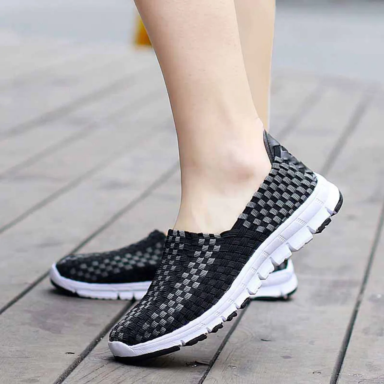 Black check weave casual slip on shoe sneaker