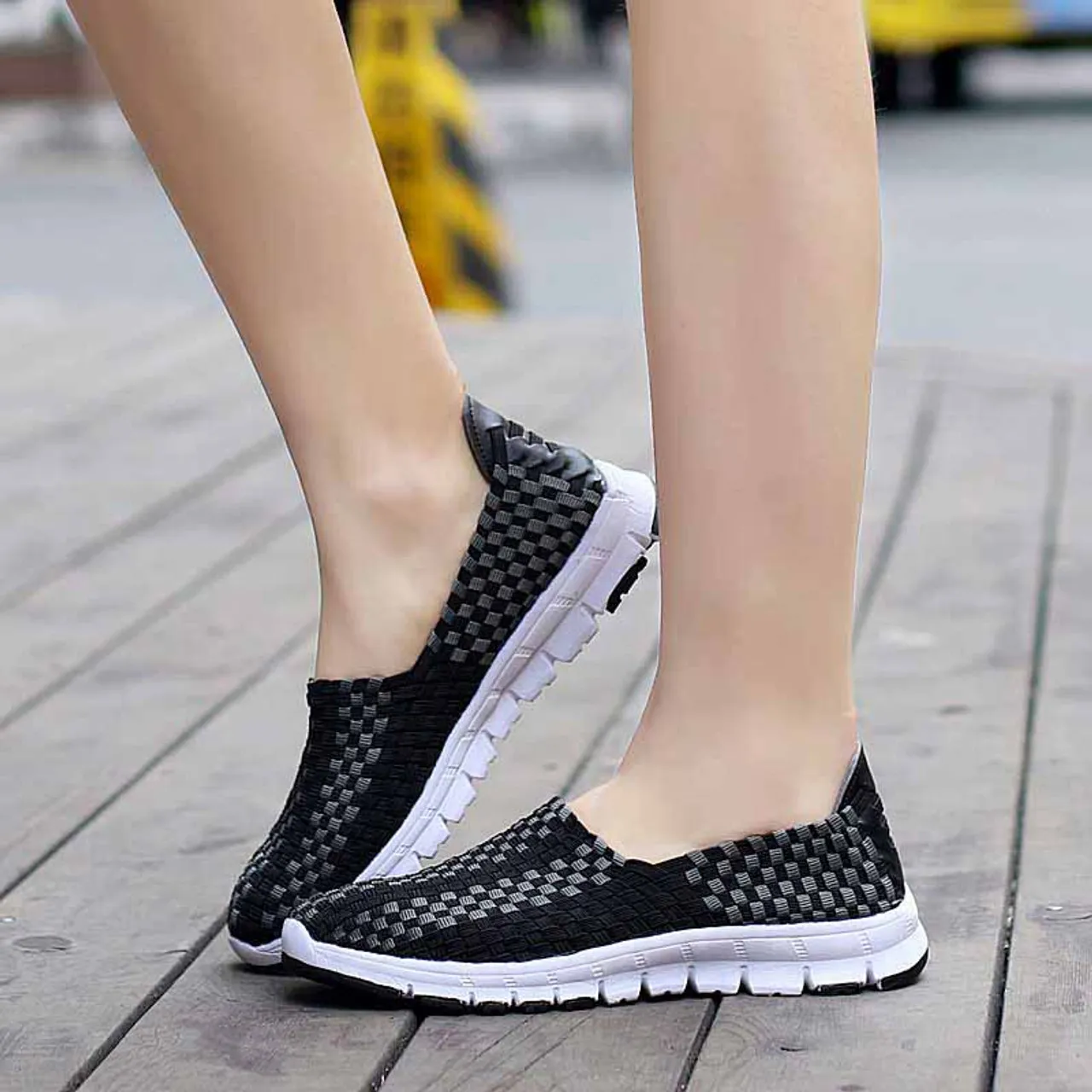 Black check weave casual slip on shoe sneaker