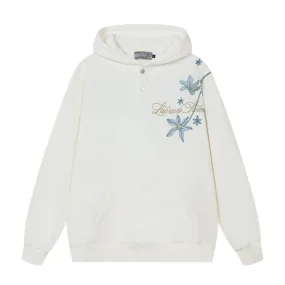 Blue Floral Embroidery Henley Hoodie