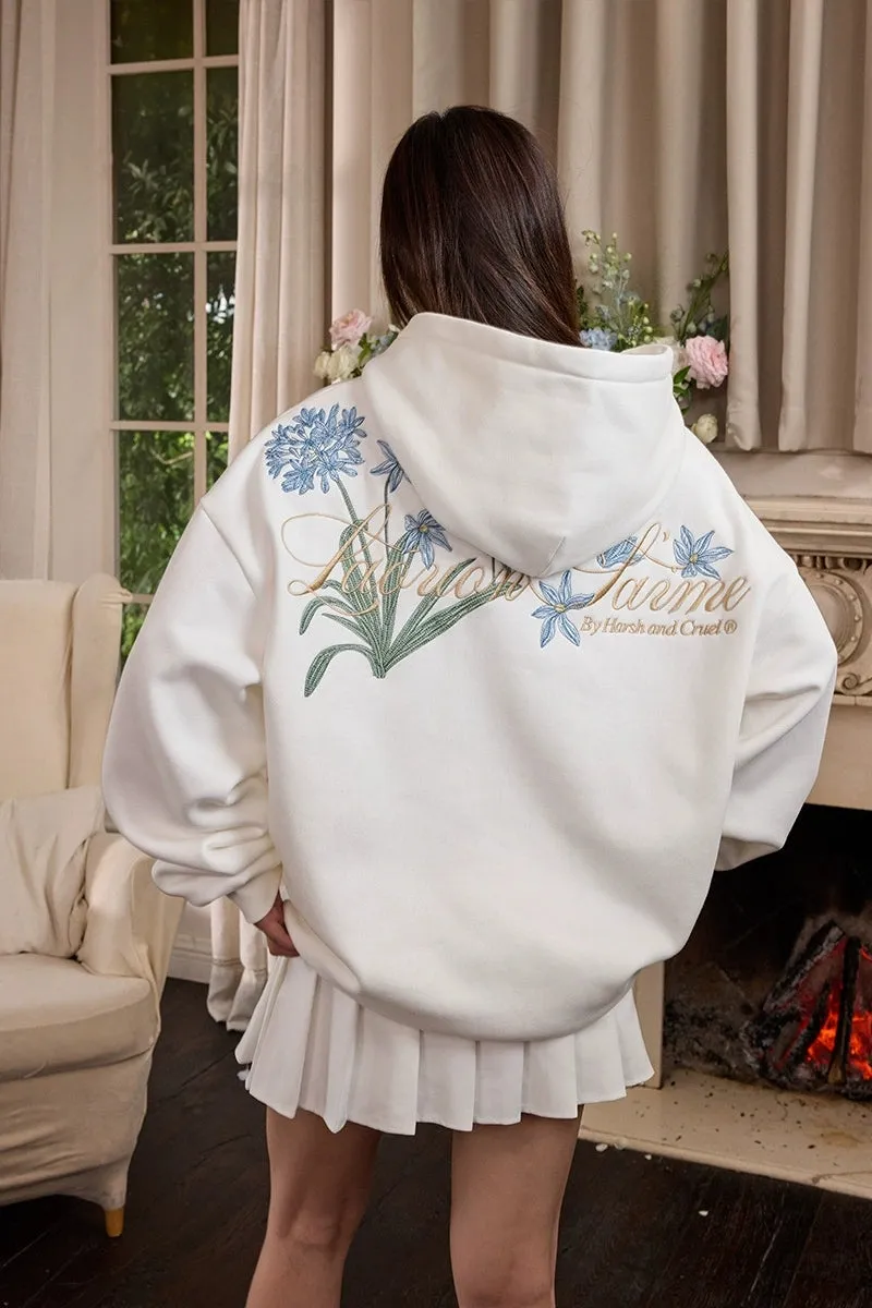 Blue Floral Embroidery Henley Hoodie