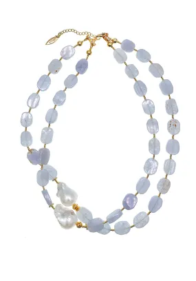 Blue Lace Agate With Baroque Pearls Double Strands Necklace GN023