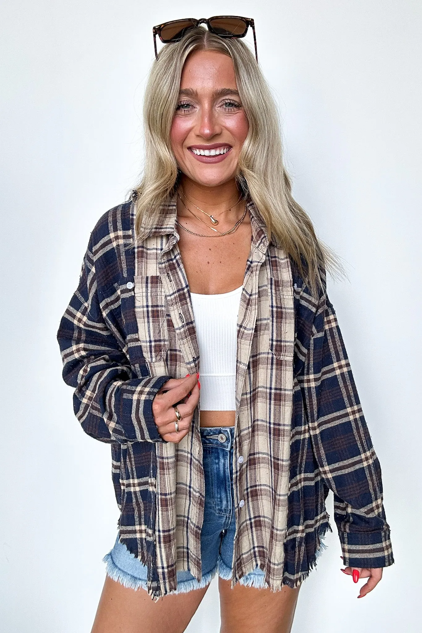 Casual Composure Color Block Plaid Raw Hem Button Down Top