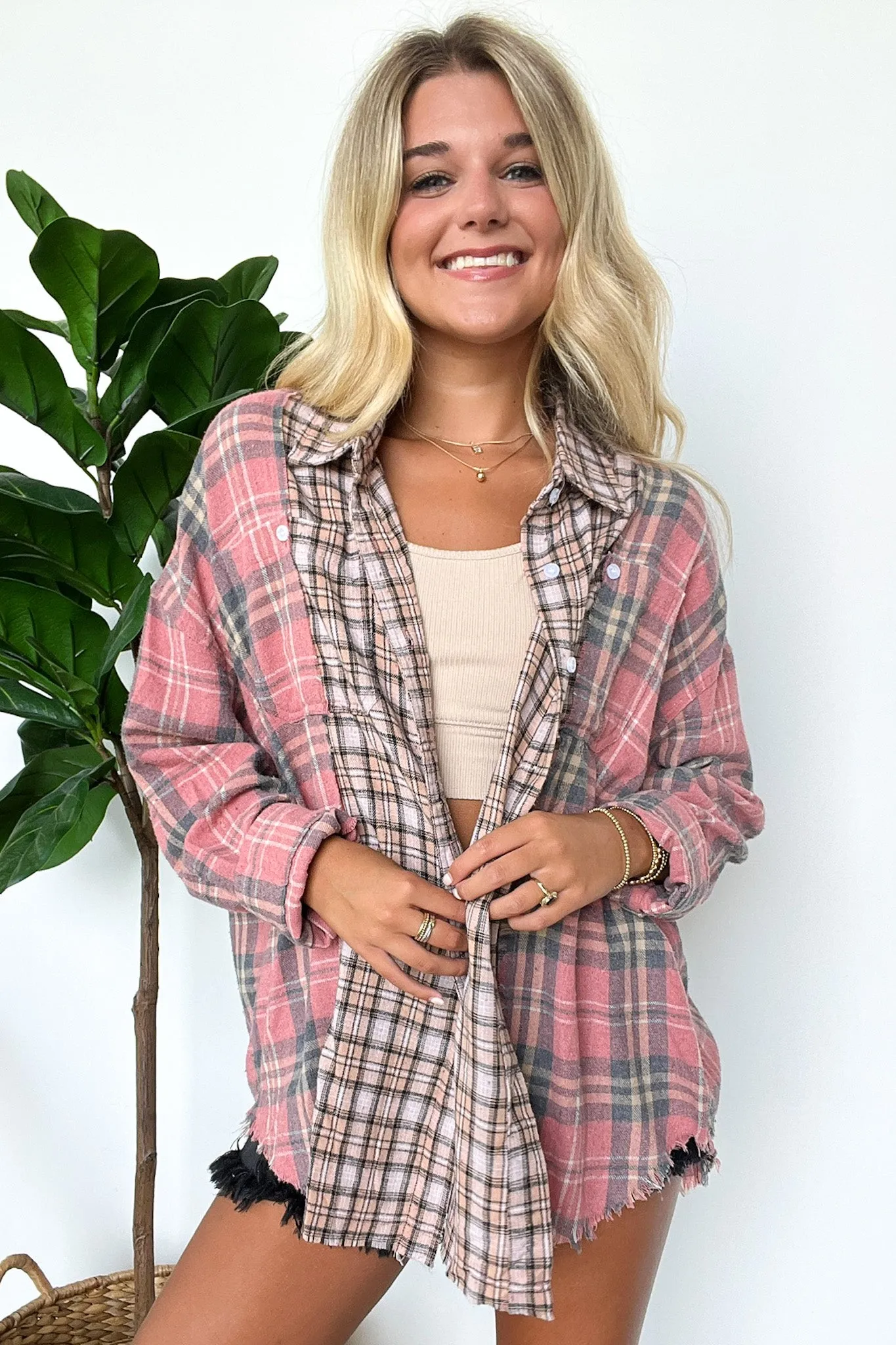 Casual Composure Color Block Plaid Raw Hem Button Down Top