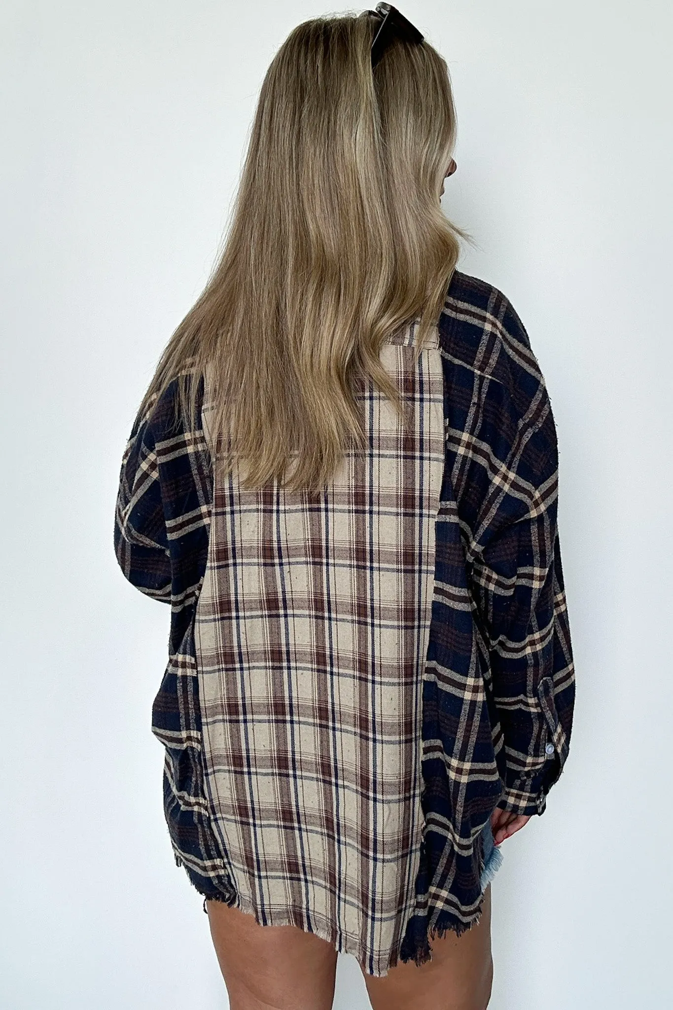 Casual Composure Color Block Plaid Raw Hem Button Down Top