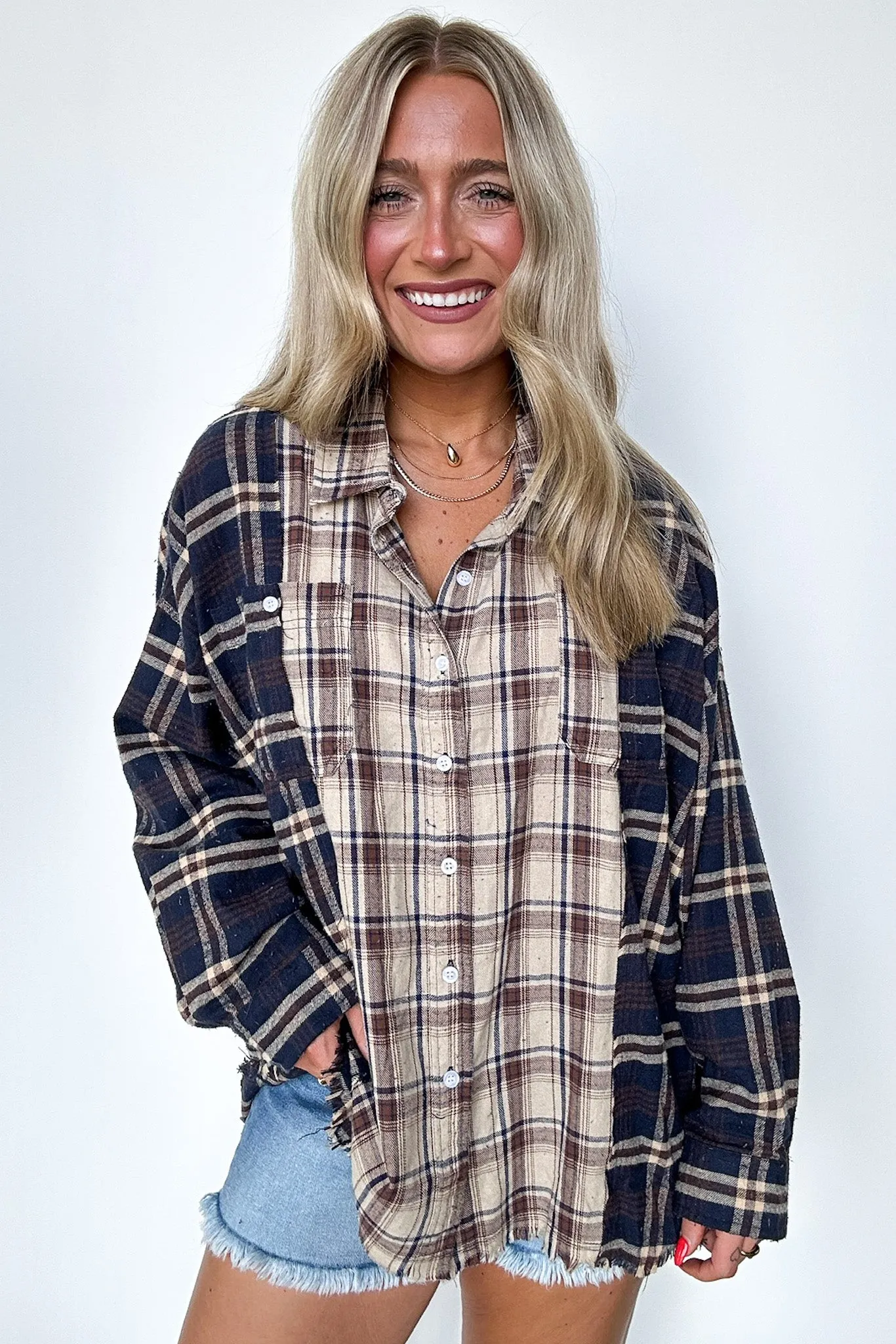 Casual Composure Color Block Plaid Raw Hem Button Down Top