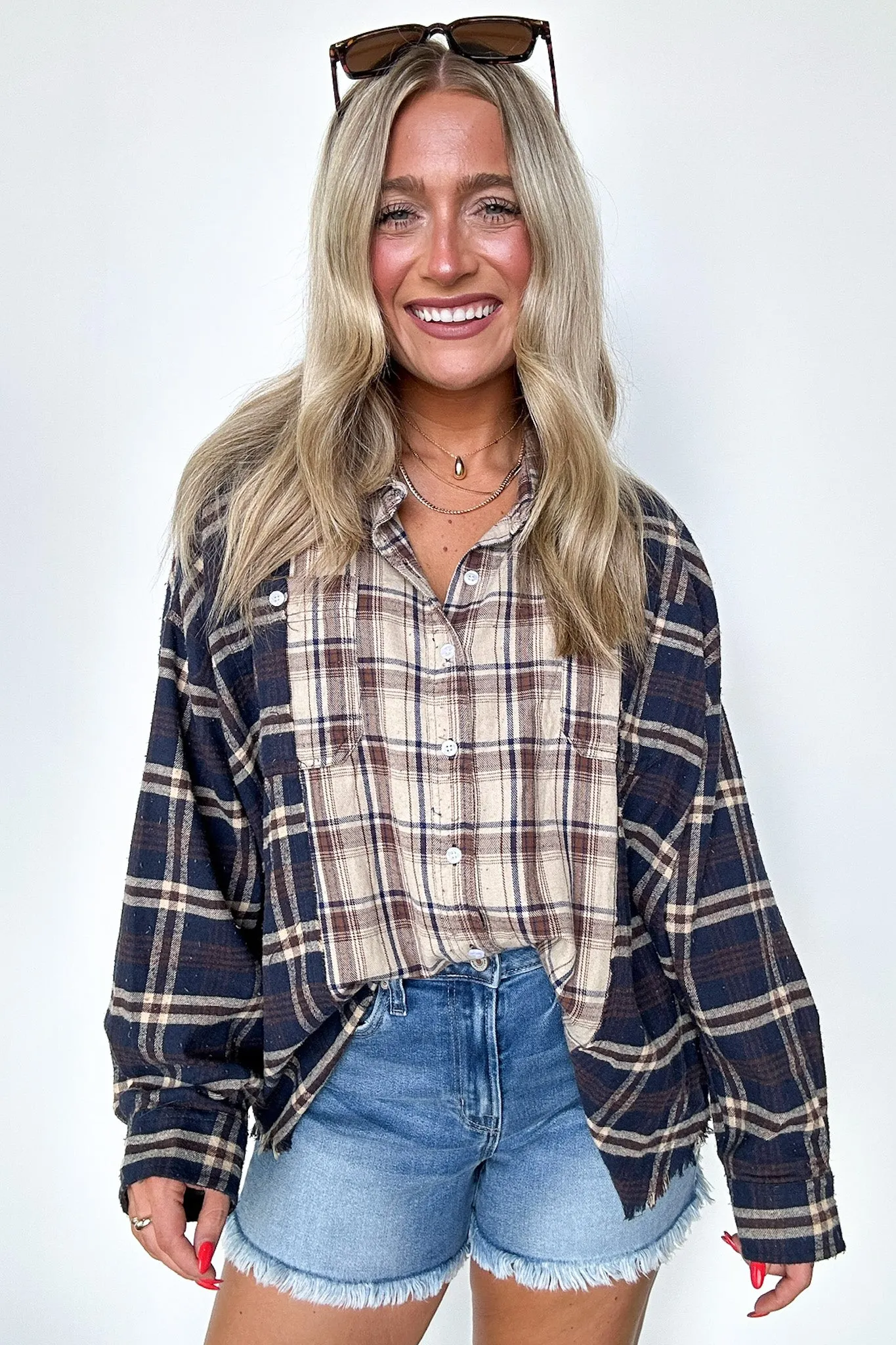 Casual Composure Color Block Plaid Raw Hem Button Down Top