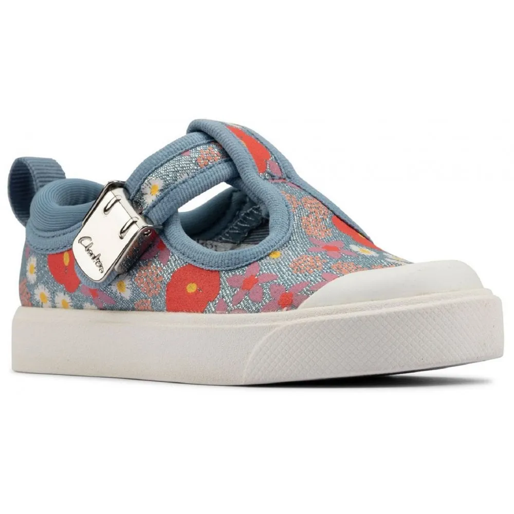 Clarks Girls City Dance Blue Glitter Floral Trainers