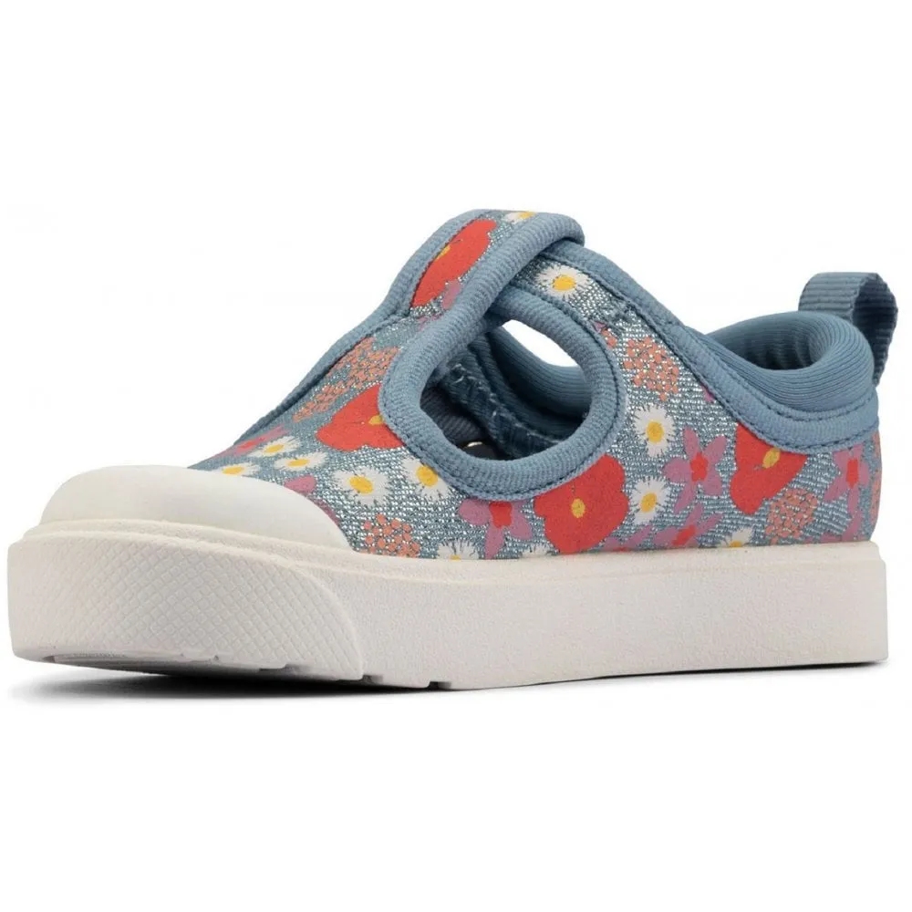 Clarks Girls City Dance Blue Glitter Floral Trainers