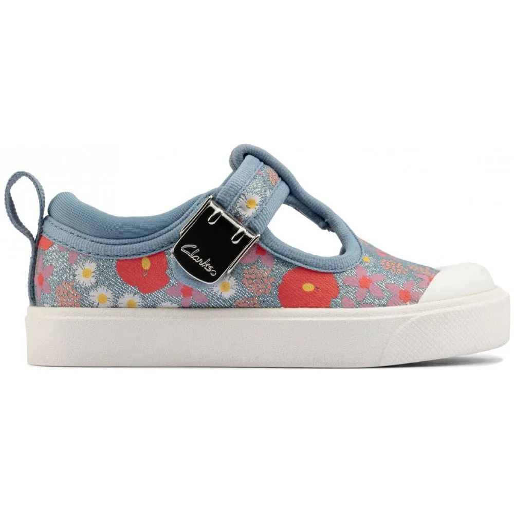 Clarks Girls City Dance Blue Glitter Floral Trainers