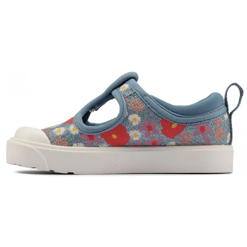 Clarks Girls City Dance Blue Glitter Floral Trainers