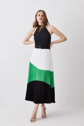 Colour Block Pleated Halter Neck Woven Midi Dress | Karen Millen