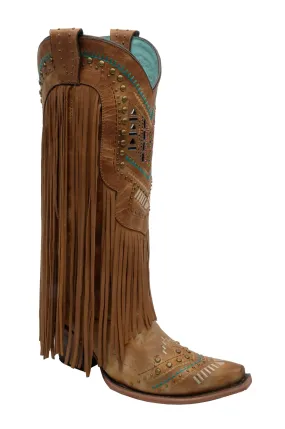 Corral Boots Womens Leather Crystal Fringe Tan Cowgirl 6.5 M