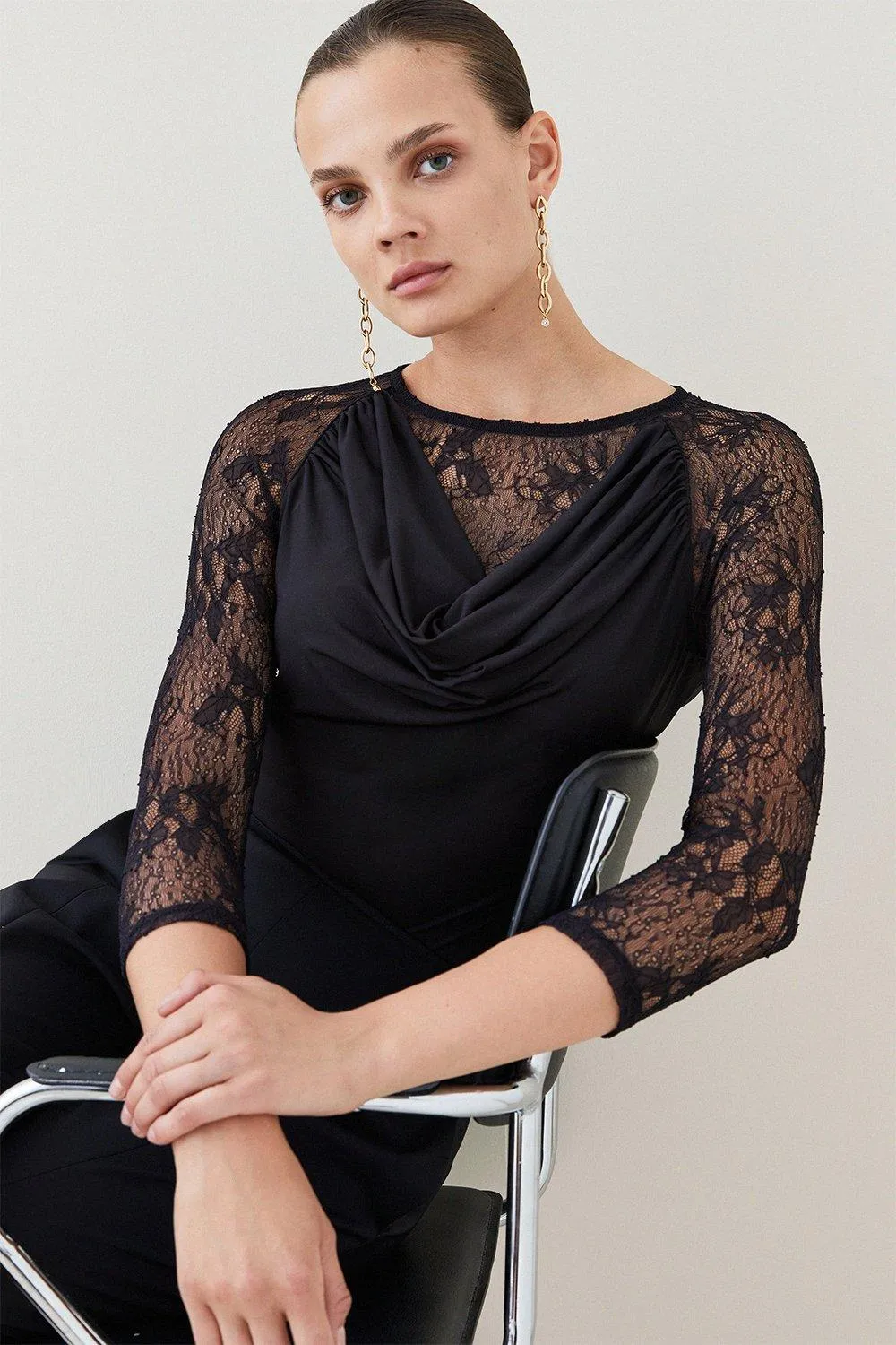 Cowl Neck Jersey Lace Body | Karen Millen