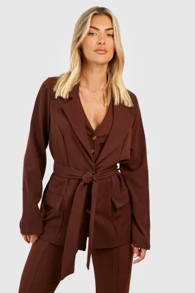 Crepe Tie Waist Tailored Blazer