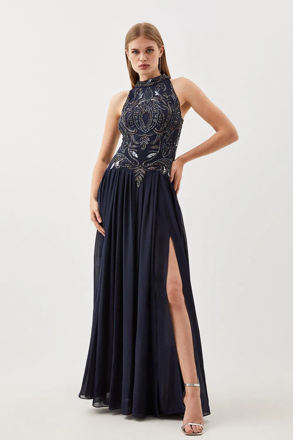 Crystal Embellished Halter Woven Maxi Dress | Karen Millen