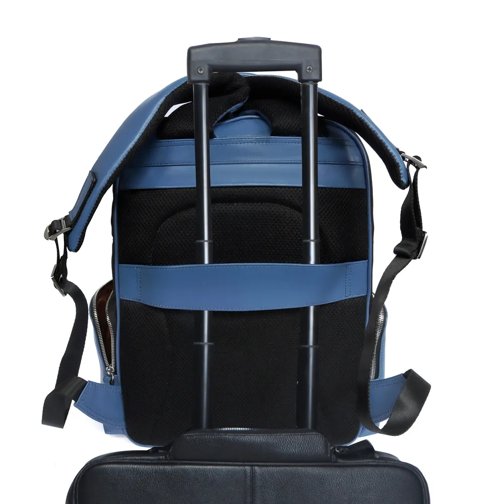 Designer Denim Backpack In Black Genuine Sky Blue Leather